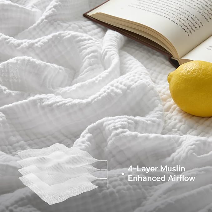 BEDELITE 100% Cotton Muslin Blankets for Adults - 4-Layer Twin Size Breathable and Lightweight Gauze Blanket for Couch, Bed, Travel and Summer, Soft & Cozy Gift for Women, White, 60"x80"