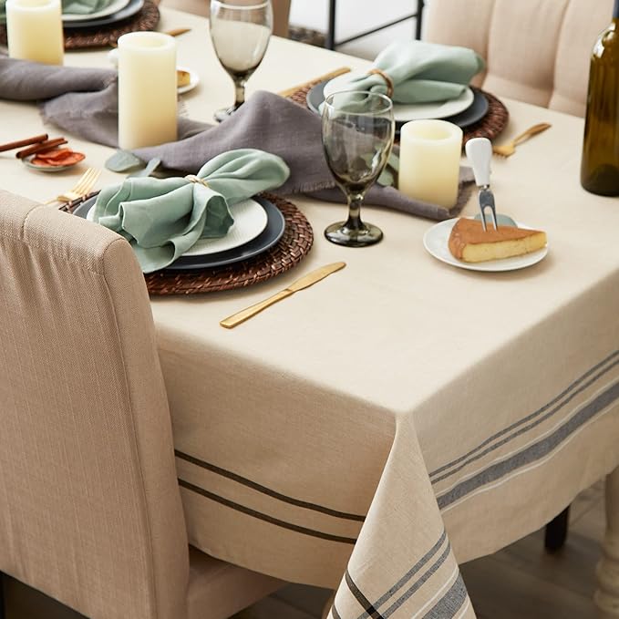 DII French Stripe Tabletop Collection Farmhouse Style Dining Table Linen Tablecloth, 60x104, Taupe/Black