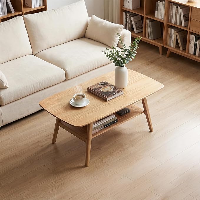Solid Wood Coffee Table - 2-Tier Wooden Center Coffee Table with Storage Shelf for Living Room, Apartment, and Office
