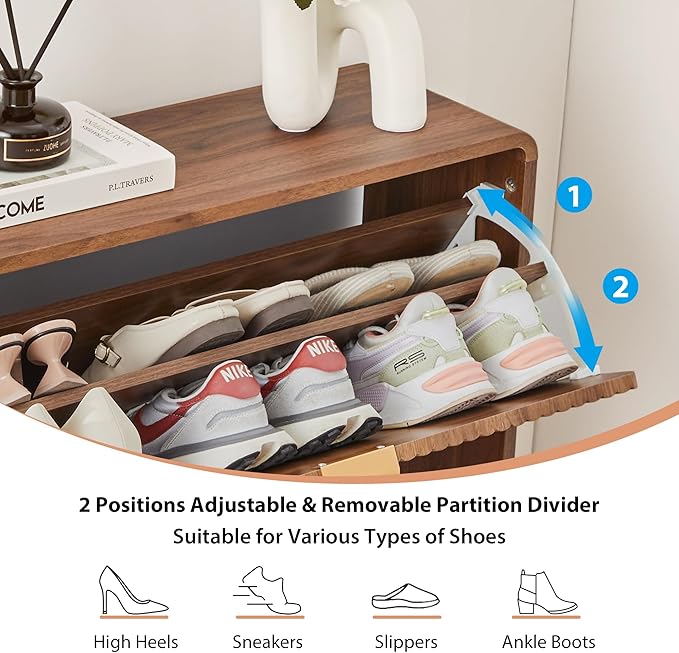 RARZOE Fluted Shoe Storage Cabinet with 2 Flip Drawers, Narrow Curved Shoe Cabinet for Entryway, Freestanding Wood Hidden Shoe Organizer Closed Shoe Rack Cabinet for Foyer, Hallway (27.5''Walnut)
