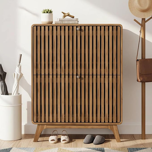 Jluomei Fluted Narrow Shoe Cabinet for Entryway, Slim Wood Shoe Storage Cabinet with Flip Drawers, Bamboo Thin Shoe Rack Organizer for Entry Way, Hallway, Hidden, Walnut