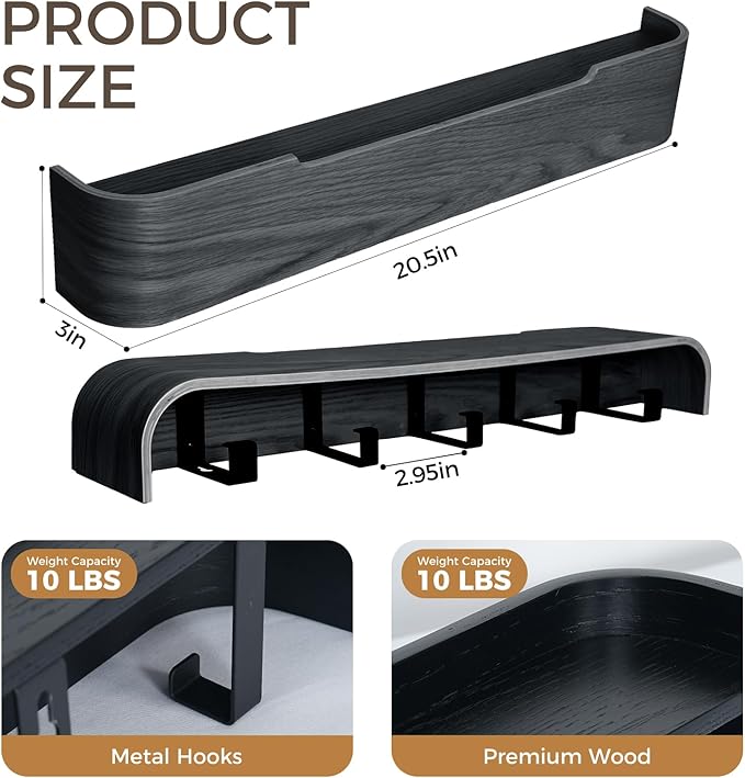 Coat Rack Wall Mount with Shelf Entryway Shelf Modern Key Holder Hanger Wall Shelves with Hidden Hooks for Hanging Towels Coats Hats Bags for Hallway Bathroom Bedroom (Black, 5 Hooks)
