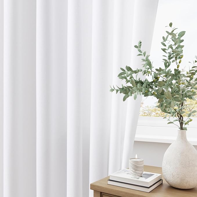 Aersas White Pinch Pleat Linen Curtains 54 Inch Long for Kitchen Pleated with Hooks Back Tab Light Filtering Boho Farmhouse Short Semi Sheer 54 Inch Curtain for Dining Room Bedroom Small Window