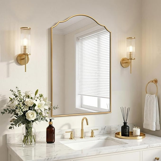 Besdomus Scalloped Gold Mirror for Bathroom: 24"x36" Minimalist Modern Arched Mirror - Wooden Frame Wall for Vanity/Bedroom/Mantle/Entryway/Fireplace/Hallway - Idea for Housewife