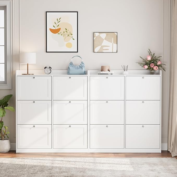 VOWNER Large Shoe Storage Cabinet with 6 Flip Drawers, Freestanding Shoe Organizer with Open Storage & Crystal Handle, Slim Narrow Shoe Rack Cabinet for Entryway, Foyer, Hallway, White