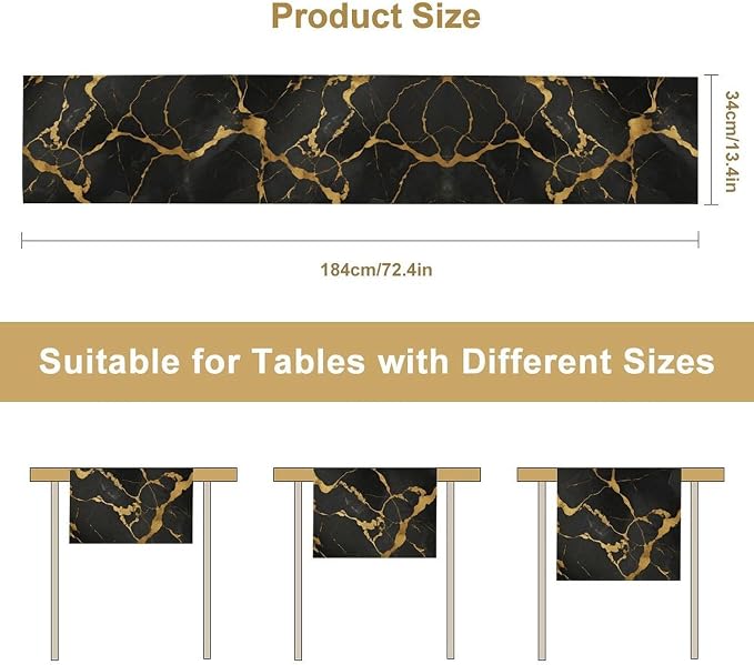 Marble Table Runner, Luxury Black Gold Abstract Textured Marble Table Decoration Runner for Kitchen Dining Cafe Party Wedding, 13x36 Inch