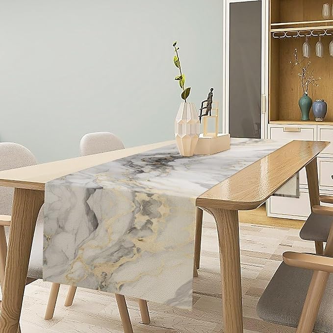 Marble Table Runner, Luxury Gold Grey Stone Textured Abstract Art Print Table Runner for Modern Kitchen Dining Cafe Home Decor, 13x90 Inch