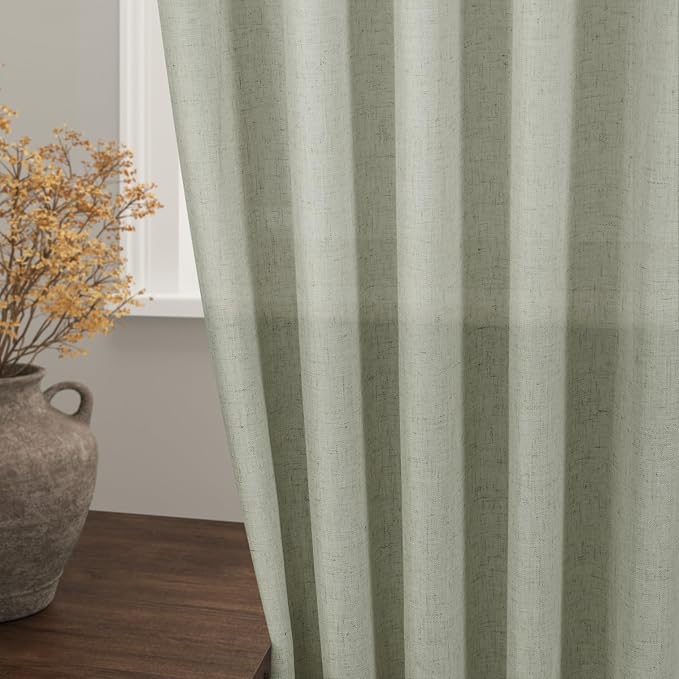Nanspring Sage Green Curtains 80 Inches Length for Living Room Back Tab Rod Pocket Semi Sheer Linen Drapes Muted Neutral Boho Pale Green Linen Textured Window Curtain for Dining Room 52X80 Inch