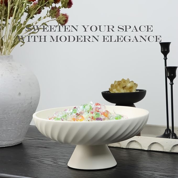Decorative fruit bowl for Candy Keys Purse - Large Pedestal Decor Bowl for Kitchen Counter - Morden Round 10" Aesthetic Bowls for Coffee Entry Table Centerpiece Decor (White)