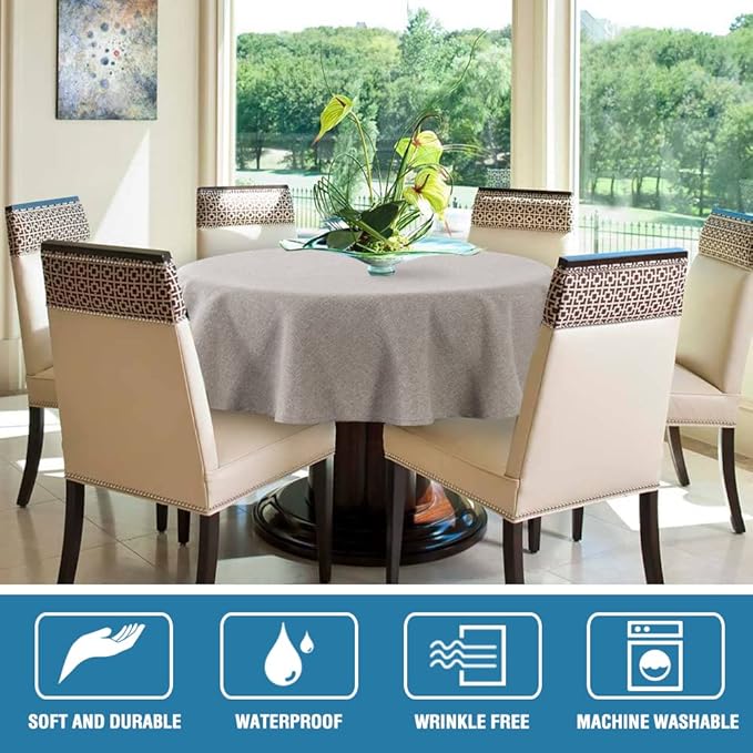 H.VERSAILTEX Linen Textured Tablecloth Round 70 inch Waterproof Decorative Table Cloth Spill-Proof Linen Look Cover for Party Table Extra Soft and Thick Fabric Wrinkle Free, Heather Taupe