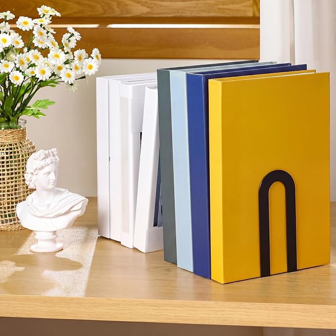 Chunful 8 Pcs Black Modern Metal Book Ends for Shelves Decorative Small Bookends Book Shelf Organizer Minimalist Design Stopper to Hold Books for Home Office (5.5 * 3.75 * 2.25inch)