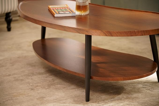 AGV LIGHTING Mango Oval Coffee Table with Storage Shelf, 47" Mid Century Modern Coffee Table for Living Room, Walnut Wood Finish MDF Top with Black Metal Legs