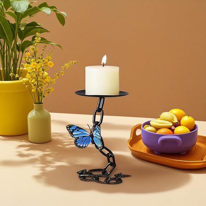 (2 Pack) Matte Black Iron Pillar Candle Holder, with 1 Magnetic Butterfly, Vintage Decor，Candle Holders for Living Room Decoration,Table Decor Without Candles