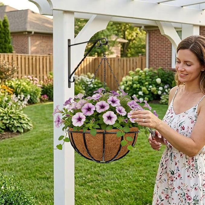 14 Inch Metal Hanging Basket with Coco Coir Liner for Flowers Planting, 2 Pack Hanging Baskets for Plants Outdoor, Round Wire Twisted Planters with Chain for Home Patio Porch Balcony Garden Decor