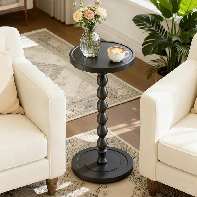 Small Side Table, Rubberwood‌ Drink Table for Small Spaces, Solid Wood Pedestal Coffee Tables, Round End Tables for Living Room, Sofa Couch, Bedroom, Corners, and Office (Black, 11.81 inch)
