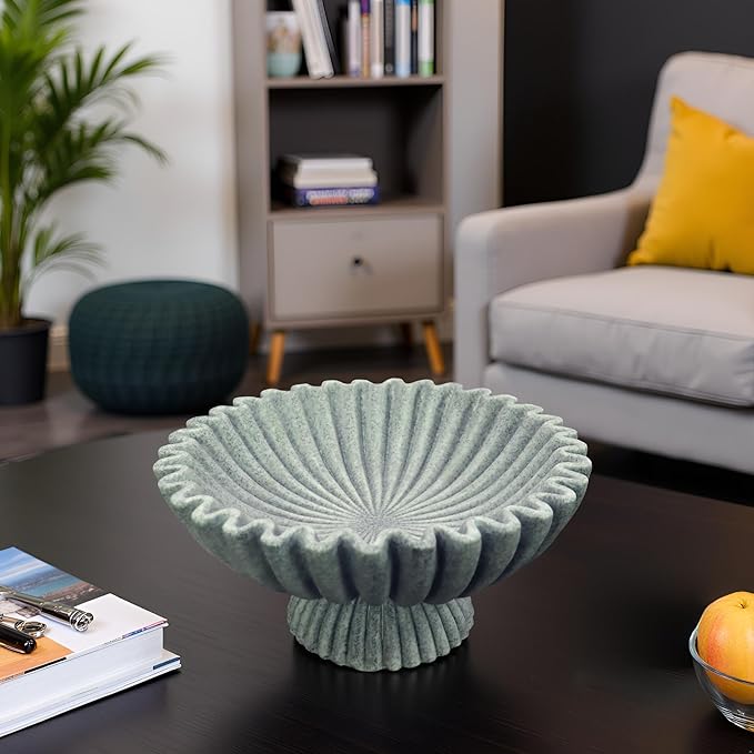 10" Large Decorative Bowl decor, Scalloped Bowls for Modern Home Decor,Ruffle Decor,Stylish Key Bowl for Entry Table,Decorative Fruit Bowl for Kitchen Counter,With base,Artificial Stone Marble Color