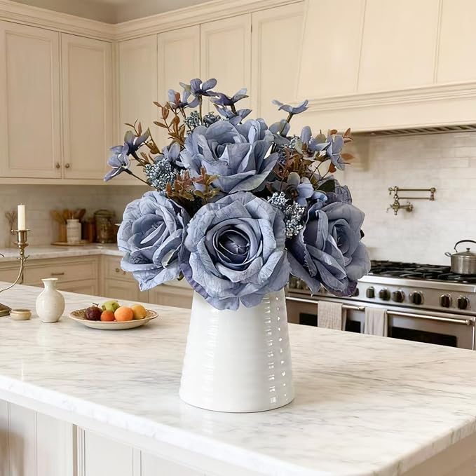 Artificial Blue Rose Arrangement in White Ceramic Vase, Faux Floral Bouquet with Decorative Pattern, Elegant Home Decor Centerpiece