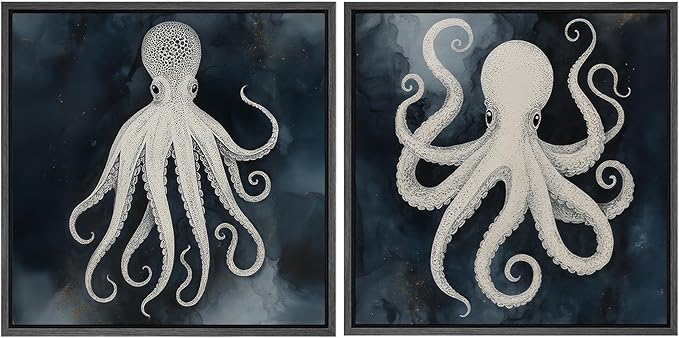 SIGNFORD Framed Canvas Print Wall Art Set Nautical Octopus Illustration Dark Blue Ocean Coastal Modern Art Relax/Calm for Living Room, Bedroom, Office - 24"x24"x2 BLACK