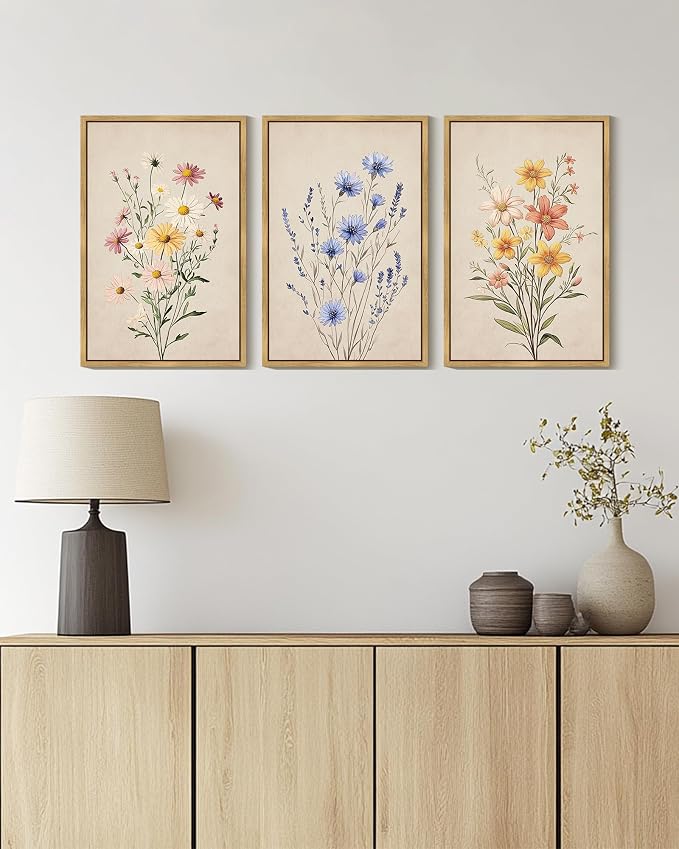 PHOPAGO Vintage Wildflower Bouquet Framed Wall Art Large 16x24in Botanical Flower Wall Decor Modern Colorful Floral Living Room Bedroom Hanging Decor - Natural Framed