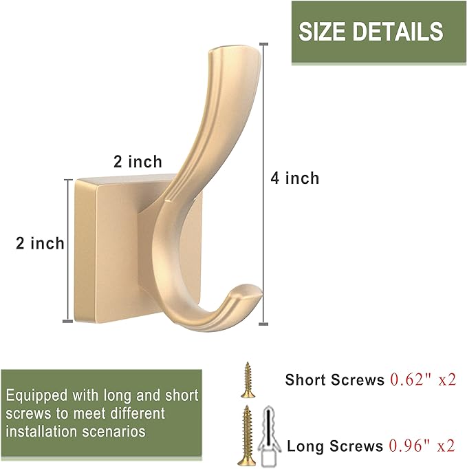 TOFIIGREM Gold Hooks for Wall, Heavy Duty Thick Aluminum Alloy Entry Coat Hooks for Hanging Key Robe Hat Backpack, Wall Mount Holder Bathroom Kitchen Garage(4 Pack, Gold)