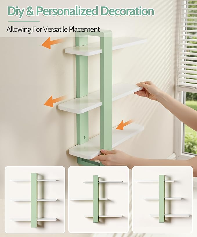 SUMGAR Green Floating Shelves for Wall Mounted Shelving Unit All Pine Wood 3 Tier Large Shelf for Bedroom Living Room Office Bathroom Home Decoration Storage Plant Photo Display Modern 20in Mint Green