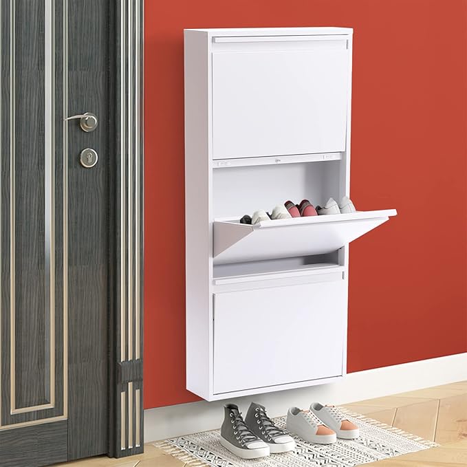 Hidden Shoe Cabinet White Metal Slim Shoe Cabinet Storage with 3 Flip Drawers Modern Entryway Wall Mount Narrow Shoe Rack for Living Room, Bedroom, Hallway