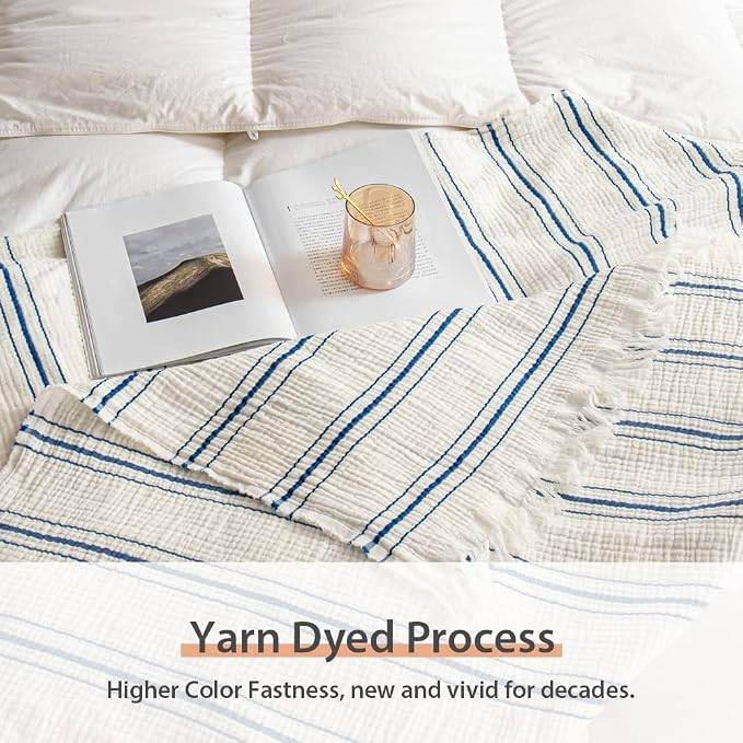Simple&Opulence Yarn Dyed Striped Cotton Muslin Throw Blanket for Bed, Couch, Knit Woven Blanket with Tassels Soft Lightweight Cozy Pre-Washed Breathable Farmhouse Decoration for All-Season(Blue)