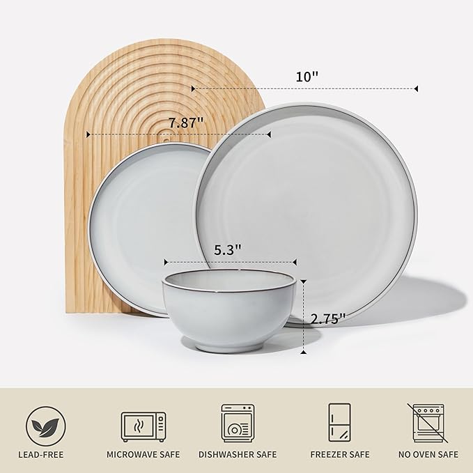 Pokini Santorini Mist Terracotta Reactive Glaze Plates and Bowls Sets, Stoneware Dinnerware Sets, Microwave and Dishwasher Safe Ceramic Dish Set Service for 4, Moonstone White