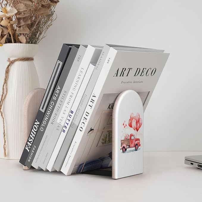 Love Rose Red Turck L-Shaped Book Ends 1 Pair Wood Bookends Valentine's Day Book End Supports for Heavy Book Shelf Holder Home Decorative