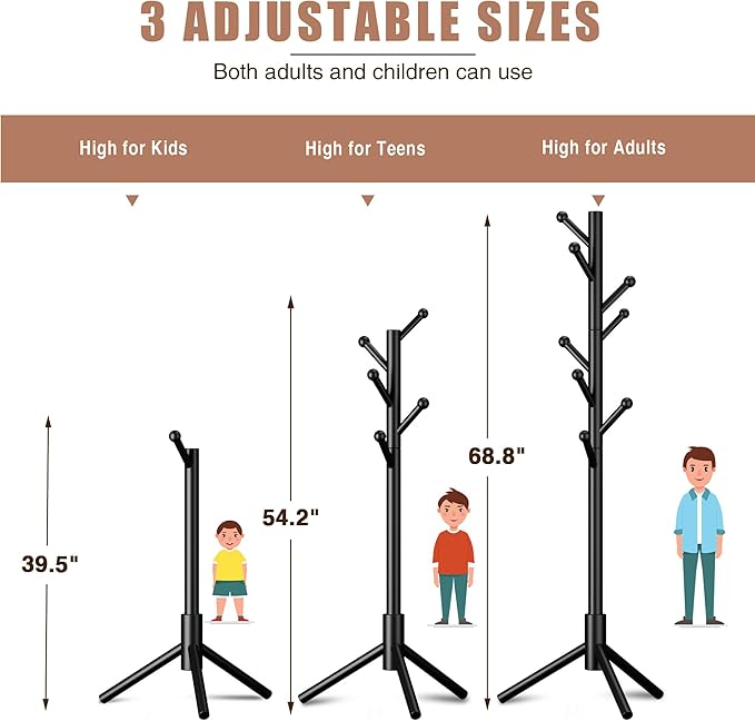 Coat Rack, Coat Racks Freestanding with 8 Hooks 3 Adjustable Heights for Clothes, Hats, Handbags, Coat Tree Easy Assembly for Entryway, Bedroom, Hallway, Office(Black)
