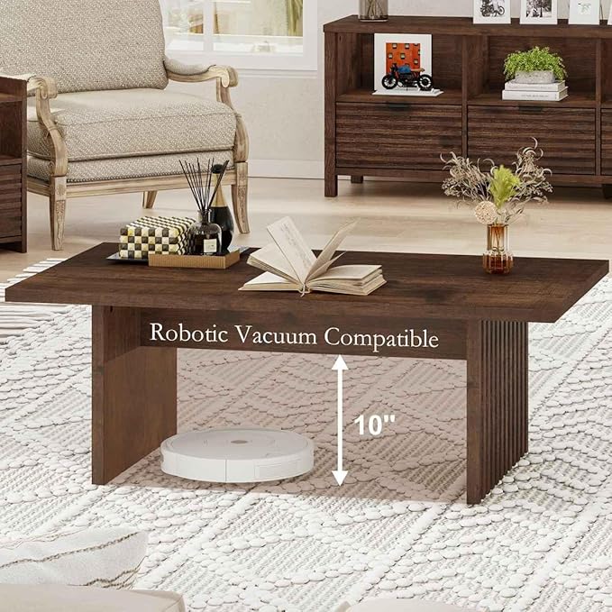 BON AUGURE 47 Inch Coffee Table, Fluted Side Panels Coffee Tables for Living Room, Large Wooden Tabletop Center Table, Farmhouse Living Room Tables for Lounge, Office, Rustic Oak