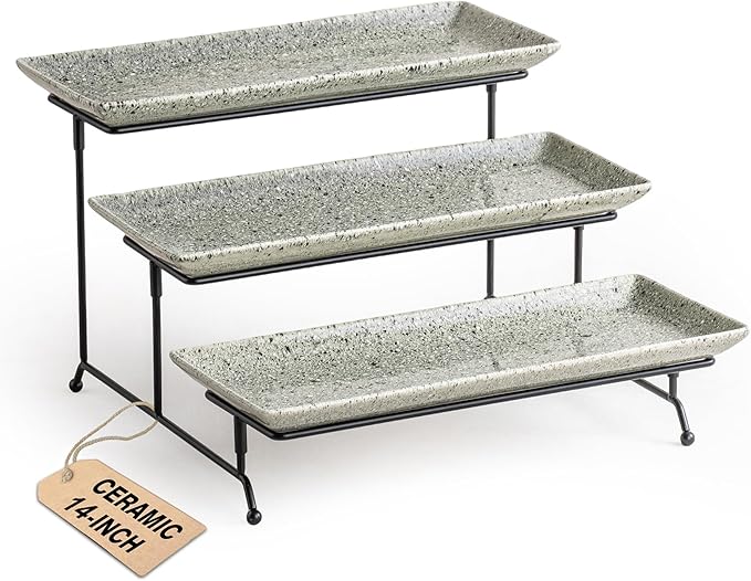 LAUCHUH 3 Tier Serving Trays for Party, 14 inch Dessert Party Display Stand Serving Platters and Trays with Collapsible Sturdier Rack for Mother's Day Serving Food, Speckled Gray