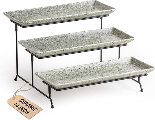 LAUCHUH 3 Tier Serving Trays for Party, 14 inch Dessert Party Display Stand Serving Platters and Trays with Collapsible Sturdier Rack for Mother's Day Serving Food, Speckled Gray