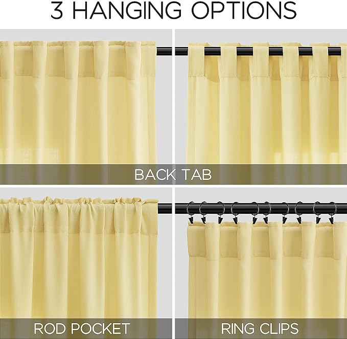 Nanspring Yellow Linen Boho Curtains for Bedroom Back Tab Rod Pocket Semi Sheer Linen Curtains 90 Inches Long 2 Panel Set Light Filtering Neutral Farmhouse Lightweight Drapes for Living Room 52x90