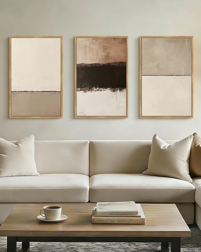 PHOPAGO Neutral Abstract Framed Wall Art Large 16x24in Minimalist Beige Gray Pastel Wall Decor Modern Watercolor Art Paints for Bedroom Living Room - Natural Framed