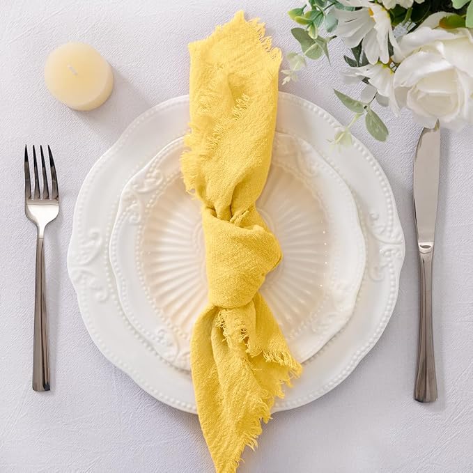 Socomi Set of 6 Linen Napkins Yellow Easter Spring Cloth Napkins Washable Cotton Dinner Napkins Fringe 17"x17" for Wedding Party Bridal Baby Shower Birthday Table Decorations