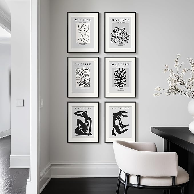 Framed Matisse Wall Art for Living Room, Set of 6 Modern Black and White Minimalist Botanical Body Line Prints for Walls, Abstract Aesthetic Pictures for Bedroom, Bathroom, Dining Room Decor, 11x14