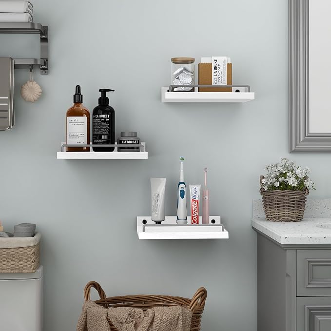 RYOFOBETTO Small Floating Shelf, 6X9 Inches Farmhouse Wall Shelves for Living Room, Bedroom, Picture Frames, Plants, Kitchen, Set of 3 (White and Grey)