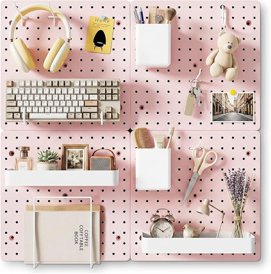 FZK Pink Peg Board Wall Organizer, 12" x 12" Modular Plastic Pegboard Display Panels for Office, Bedroom & Home Decor, Wall Mount Storage Kit with Hooks & Shelves (4 Panels)