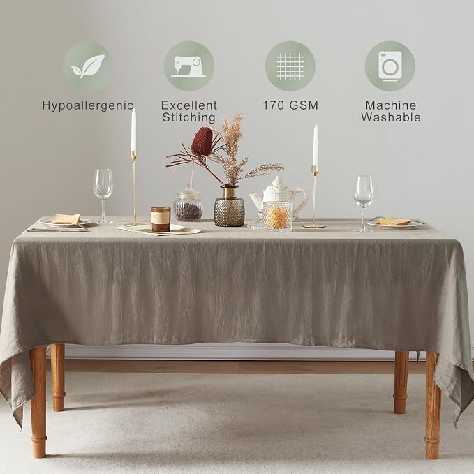 TOSMO 100% French Linen Tablecloth, Washable Farmhouse Rectangle Table Cloth for Kitchen, Dining, Party, Cocktail, Indoor and Outdoor Daily Use(60''x84'',Taupe)