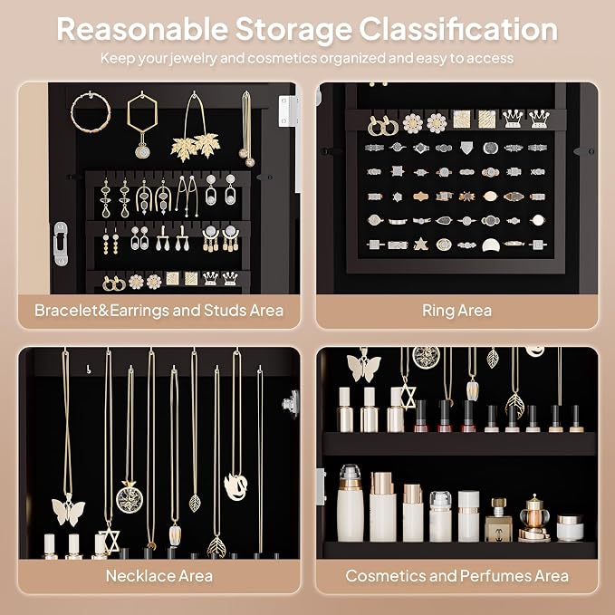 VINGLI Brown Wall-Mounted Jewelry Organizer for Women, 3-in-1 Photo Frame, Mirror & Lockable Storage Cabinet, Hanging Jewelry Box for Earrings, Rings, Necklaces, and Bracelets, Space-Saving Gift