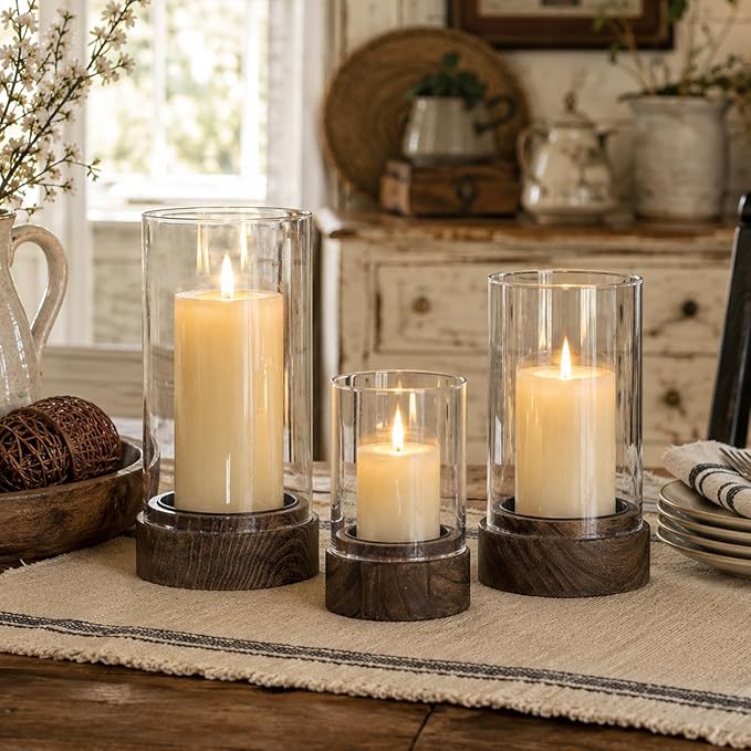 Hewory Hurricane Glass Candle Holder : Set of 3 Rustic Brown Candle Holders for Pillar Candles, Vintage Decorative Wood Stand with Clear Glass for Weddings,Christmas,Table Centerpiece,Home Decor