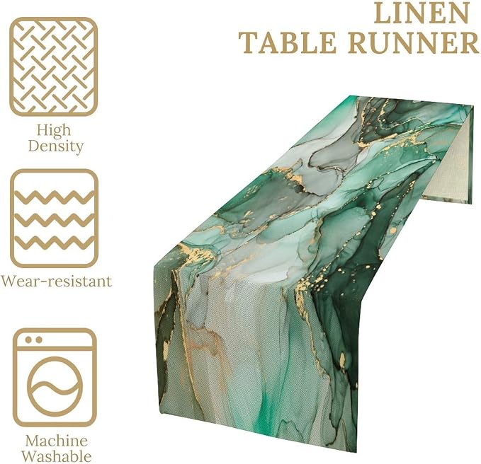 Marble Table Runner,Abstract Green Jade Gold Luxury Flow Liquid Modern Home Vintage Stone Pattern Table Runner for Coffee Table Dining Room Table Bedroom Party Holiday Decor 13x60inch