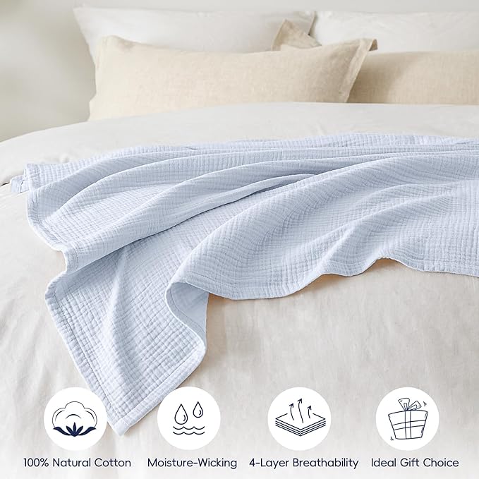 PHF 100% Cotton Muslin Blanket Twin XL Size 66"x90", 4-Layer Lightweight Gauze Throw, Breathable Cloud-Soft Minimalist Blanket for Bed, Couch, Camping, Ancient Water, Ideal Gift