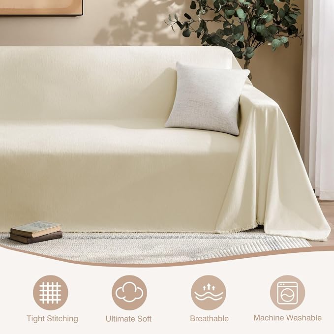 Couch Cover for Dogs Sectional Sofa Covers Washable for 2 Cushion Couch, Chenille Couch Cover Blanket, Sectional Sofa Slipcovers, Multi-Use Furniture Protector for Kids, Pets, 91" X118", Beige