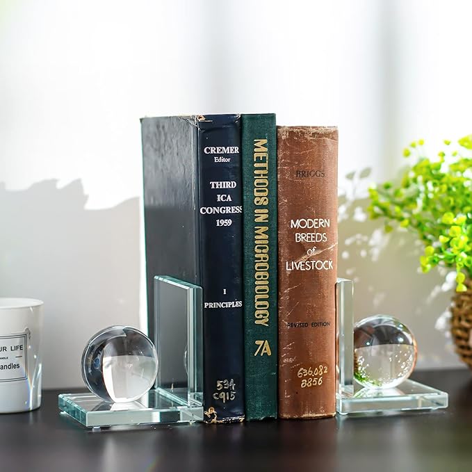 1 Pair Crystal Bookends with Crystal Ball Decorative Ornaments,L Shape Non-Skid Sturdy Book Ends for Heavy Books,Book Holder Stopper for Shelf Office Home (4inch,Clear)