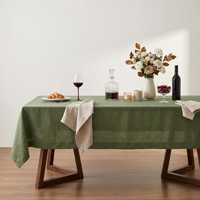 Solino Home Linen Tablecloth 60 x 120 Inch - 100% Pure Linen Oil Green Table Cloth for Rectangle Tables - Fete, Machine Washable Tablecloth for Summer