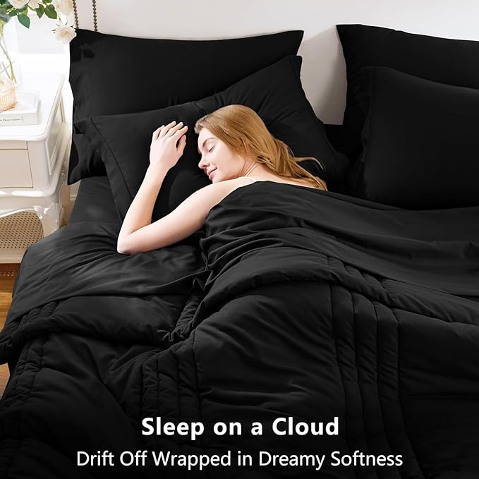 CozyLux Queen Size Comforter Sets - 7 Piece Bed in a Bag Black Comforter Set with Sheets Queen Bed Set All Seasons, Soft Bedding Set with Down Alternative Comforter, Sheets, Pillowcases & Shams