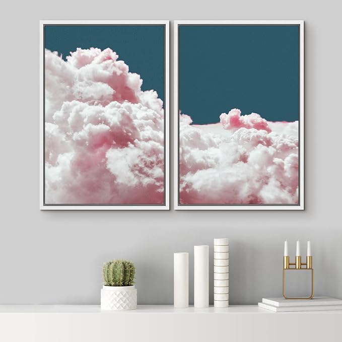 SIGNLEADER Framed Canvas Print Wall Art Set Pink Cotton Candy Cloud Sky Landscape Nature Wilderness Photography Modern Art Chic Scenic Colorful for Living Room, Bedroom, Office - 24"x36"x2 WHITE