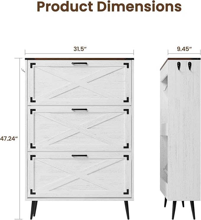 Shoe Organizer Cabinet Narrow with 3 Flip Drawers Shoe Rack Cabinet Hidden Slim Freestanding Shoe Storage Cabinet 24 Shoes for Entryway,Living Room, White Walnut